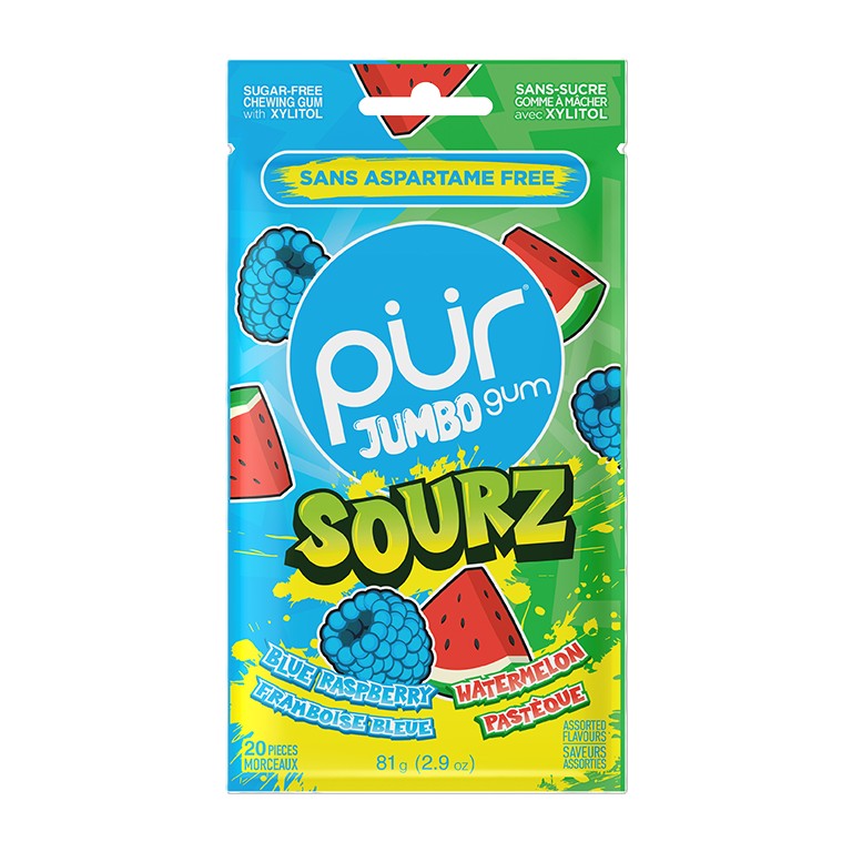 PUR Gum Jumbo Sourz, Blue Raz Watermelon 20pc Bag, 10ct