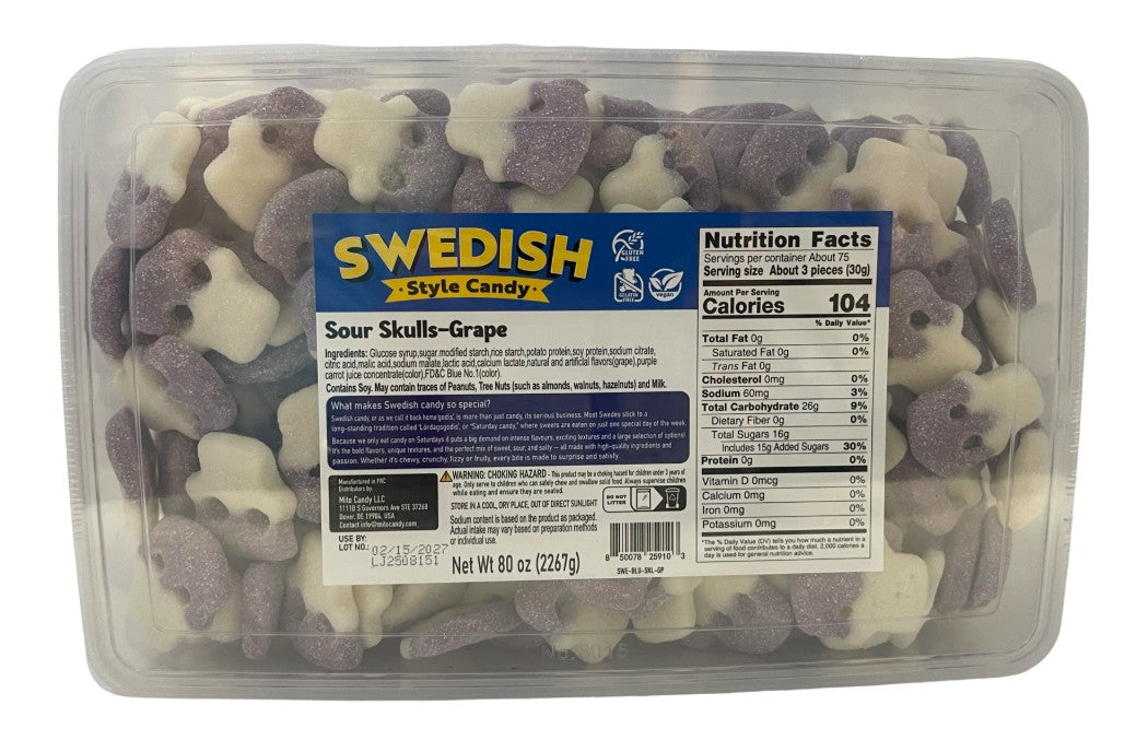 Swedish Style Candy Sour Skulls Grape, 5lb Bulk Bag/Tub