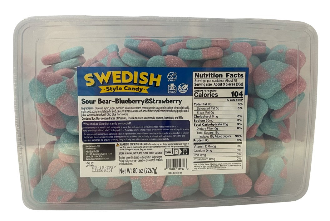 Swedish Style Sour Bear Blueberry and Strawberry 5lb Bulk Bag/Tub
