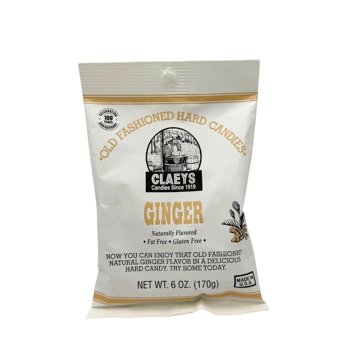 Claeys Old Fashioned Hard Candy Natural Ginger Drops 6oz Bag, 12ct Display