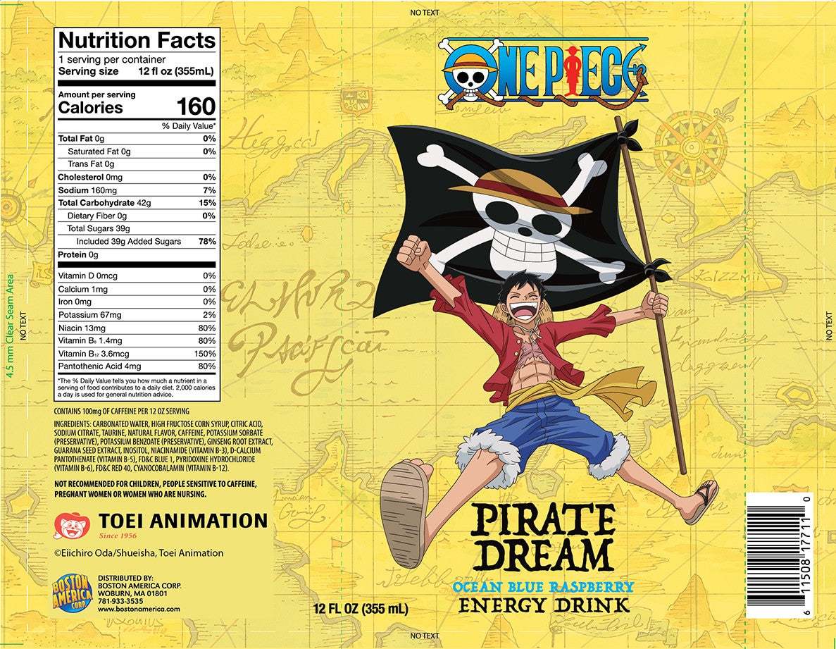 One Piece Pirate Dream Ocean Blue Rasp Energy Drink 12fl oz Can, 12ct