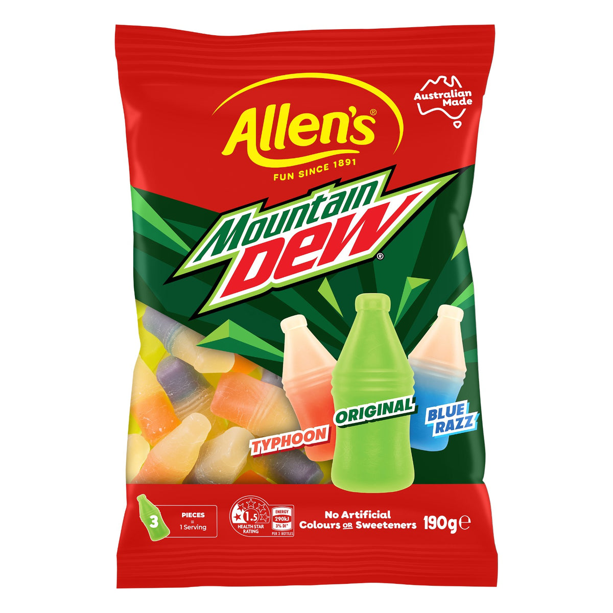 Limited Import - Allen's Mountain Dew Bottle Shape Jellies 190g Bag, 12ct