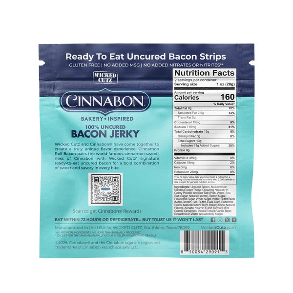 Wicked Cutz Cinnabon Bacon Jerky, 100% uncured 2oz, 10ct case