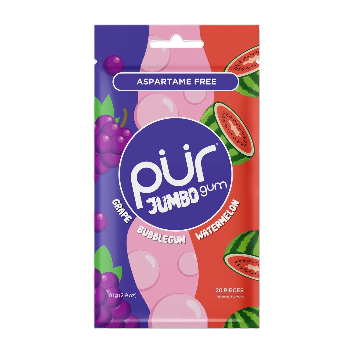 PUR Gum Jumbo Grape, Bubblegum, Watermelon Bag 20pc Bag, 10ct