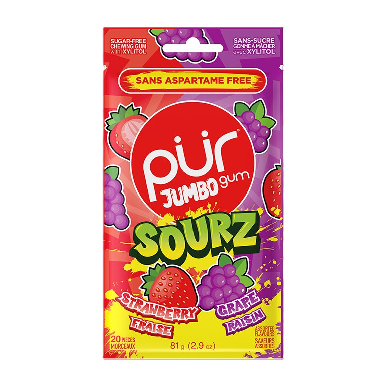 PUR Gum Jumbo Sourz Strawberry Grape 20pc Bag, 10ct