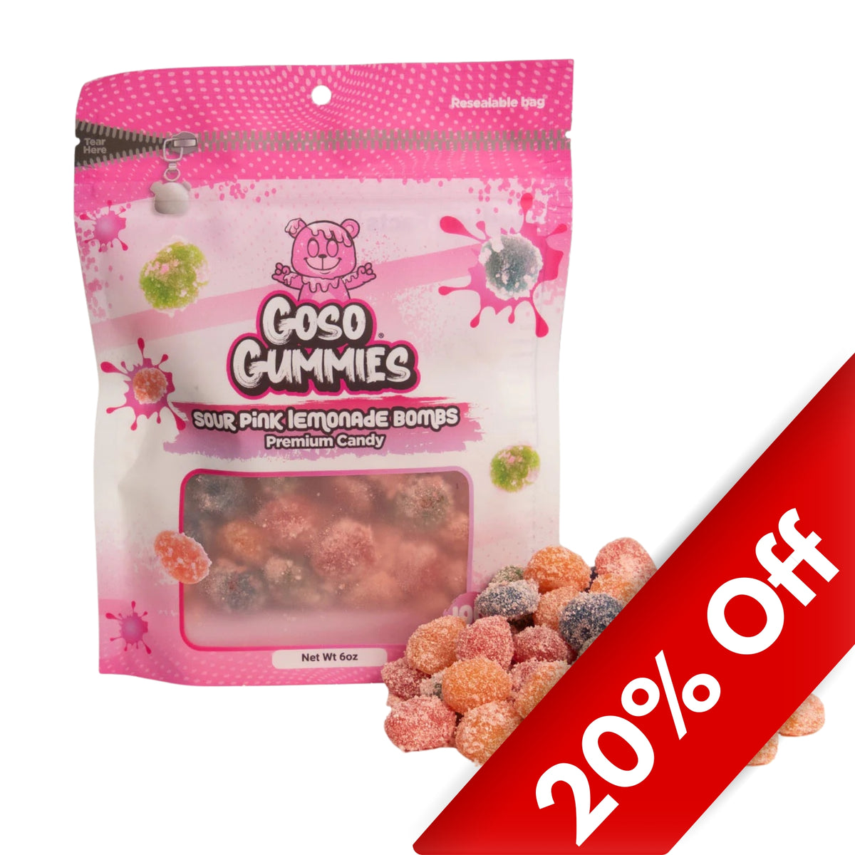 Goso Gummies Sour Pink Lemonade Bombs 6oz Bag, 6ct