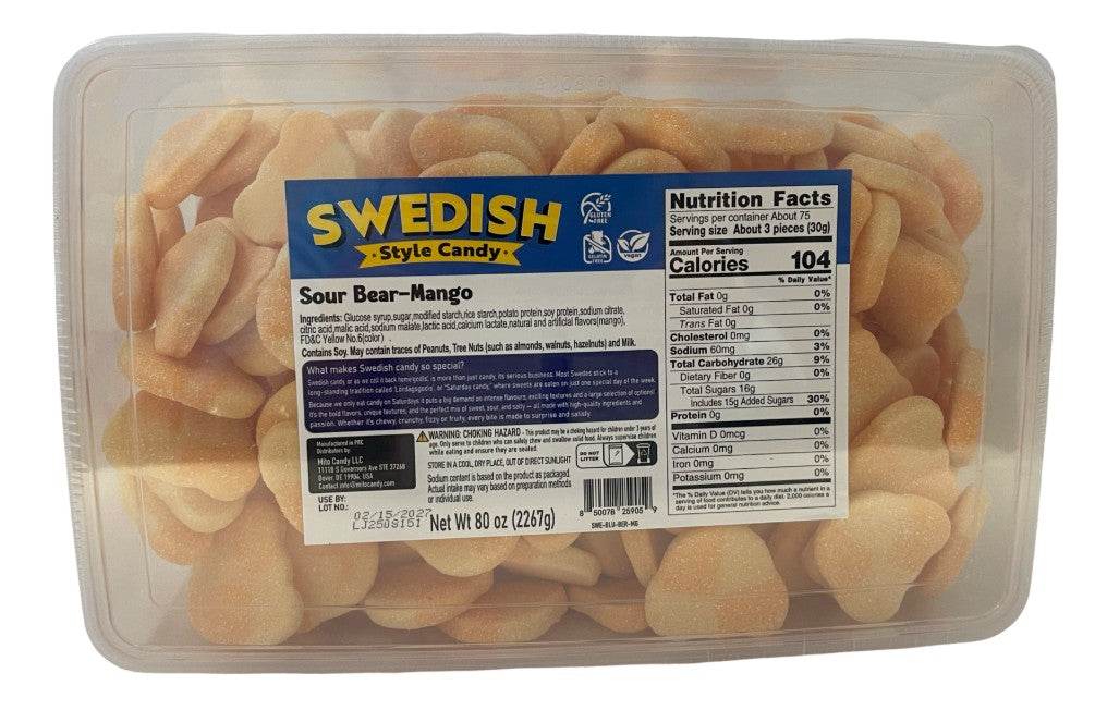 Swedish Style Candy, Sour Bear Mango 5lb Bulk Tub