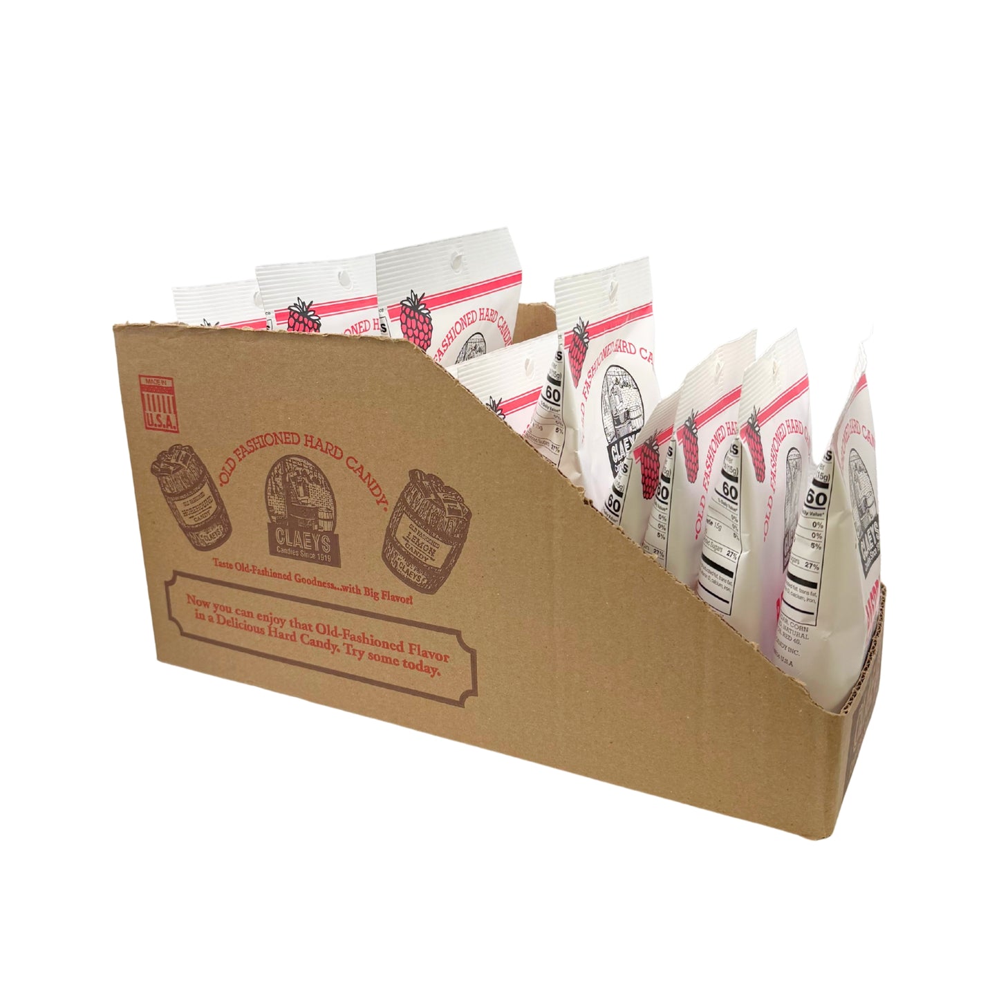 Claeys Old Fashioned Hard Candy Natural Raspberry Drops 6oz Bag, 12ct Display