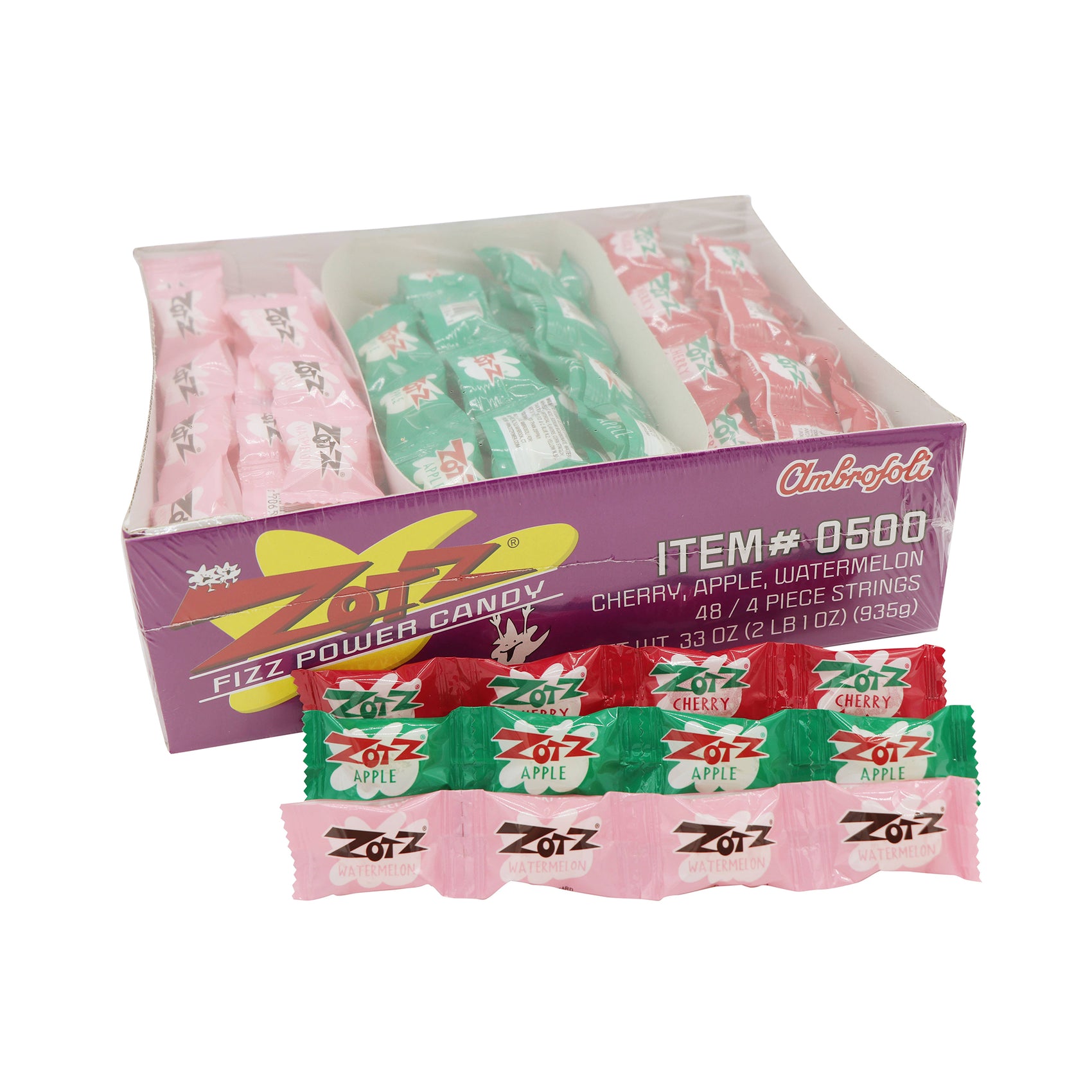 Zotz Fizzing Candy Strings, Cherry/Apple/Watermelon 48ct