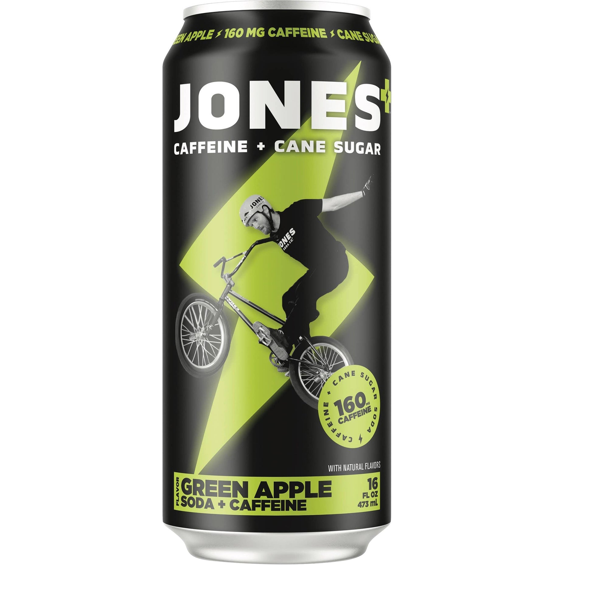 Jones Energy Soda, Green Apple, 16oz Cans, 12ct