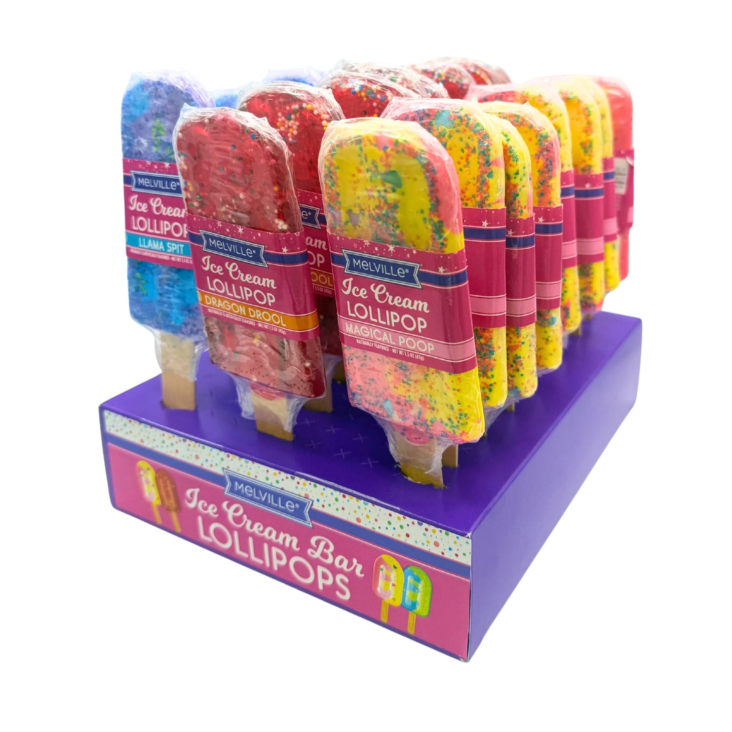 Melville Ice Cream Bar Hard Candy Lollipops Wild Flavors 24ct Display