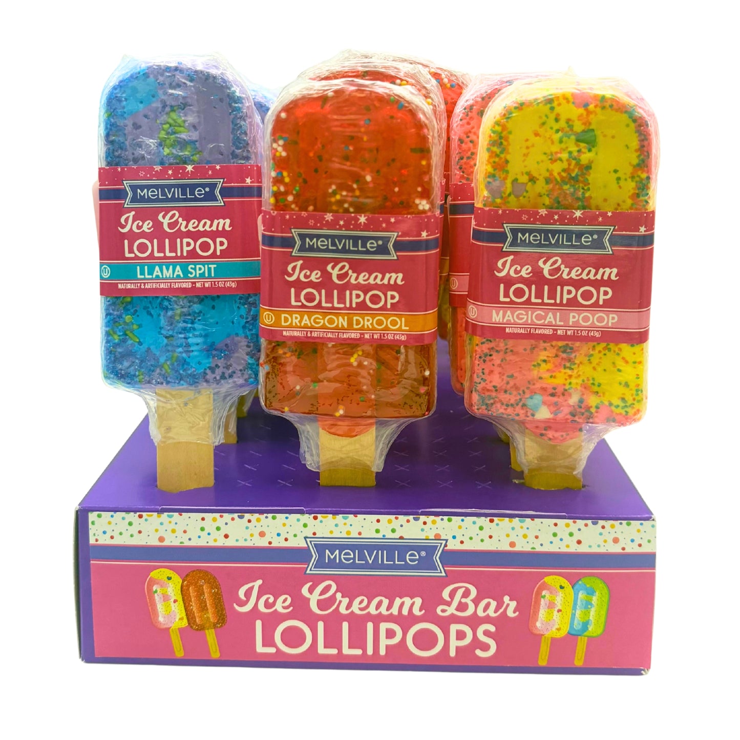 Melville Ice Cream Bar Hard Candy Lollipops Wild Flavors 24ct Display