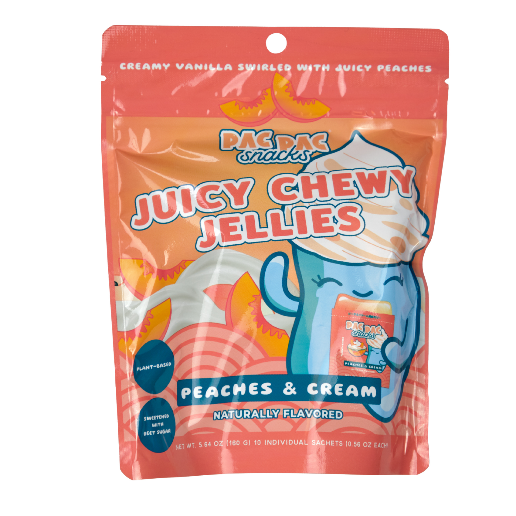 Limited Import - Pac Pac Juicy Chewy Jellies Peaches & Cream 5.64oz bag, 12ct