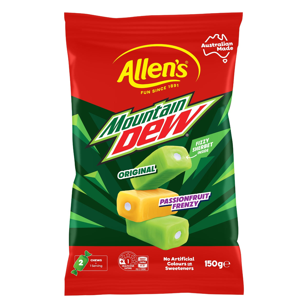 Limited Import - Allen's Mountain Dew Gummy Chews 150g Bag, 12ct