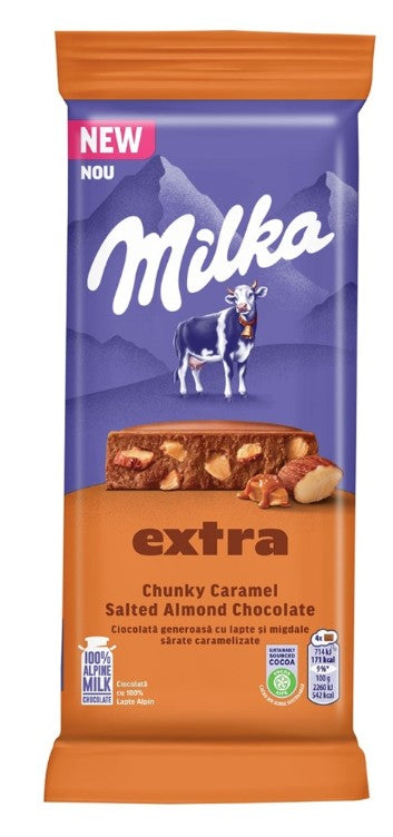 Limited Import - Milka Extra Chunky Caramel Salted Almond Chocolate 190g, 14ct (BB 8/11/26)