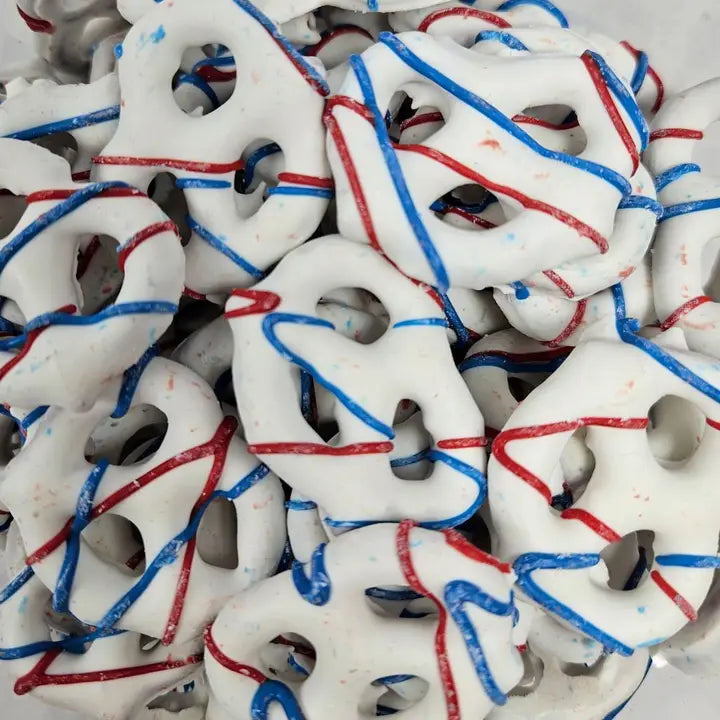 America 250 Red/White/Blue Drizzled Pretzels, 15lb Case