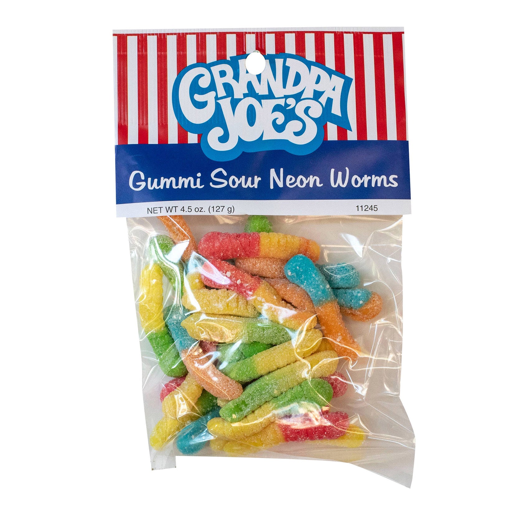 Grandpa Joe's Peg Bags, Sour Neon Worms, 4.5oz, 12 Ct Case