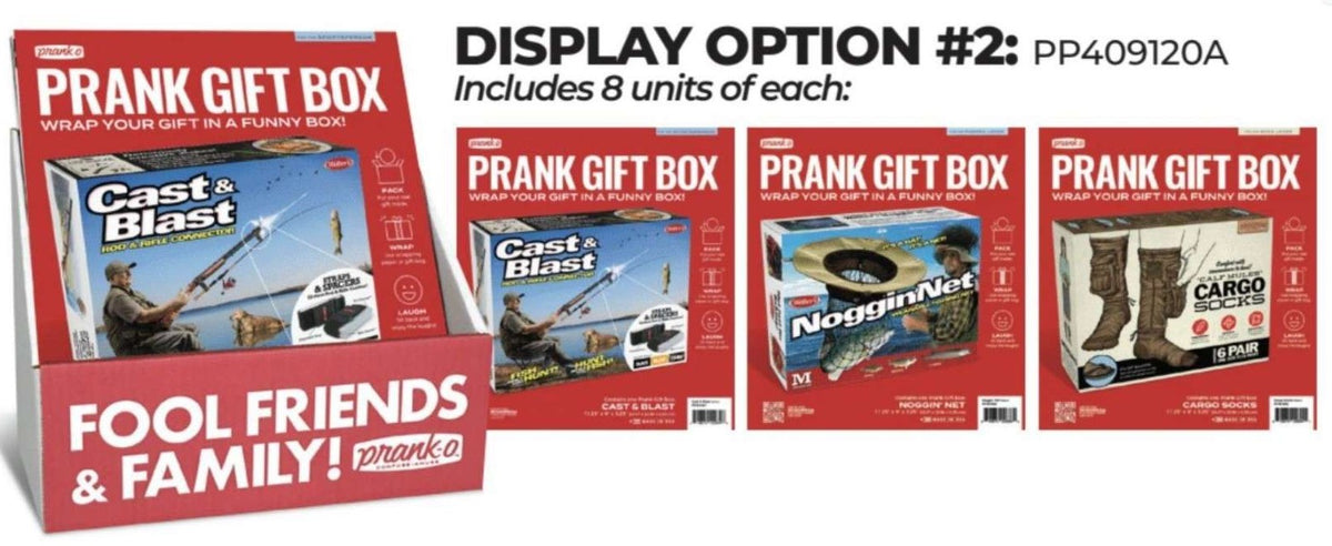 Prank-O Gift Display: Cast & Blast, Cargo Socks, Noggin' Net, 24ct